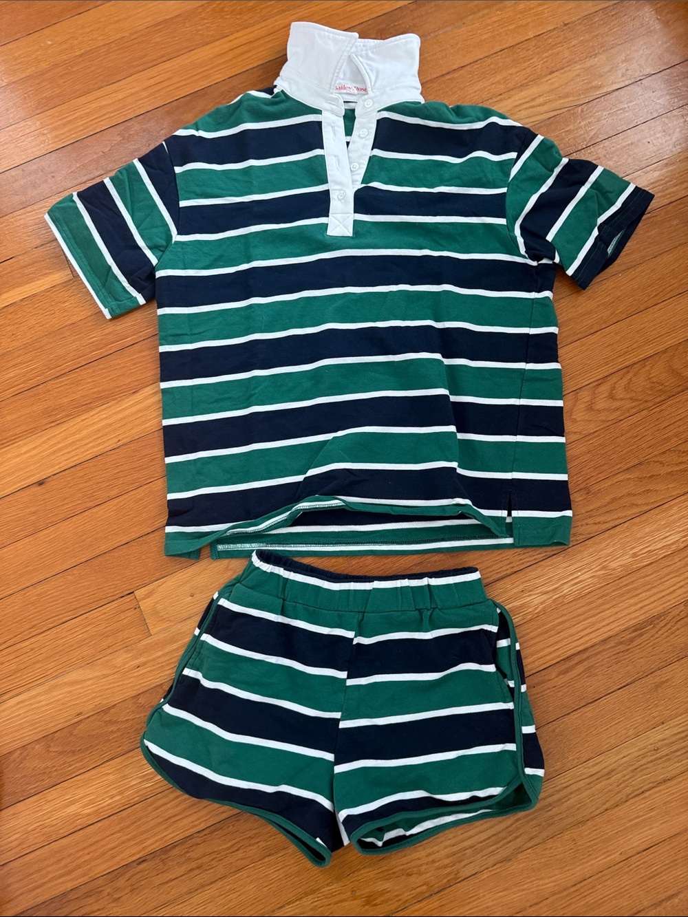 Striped Green & Navy Women’s Pajama Set with White Trim